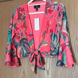 G by Giuliana Floral Tie-Front Crop Top - Pink and Green